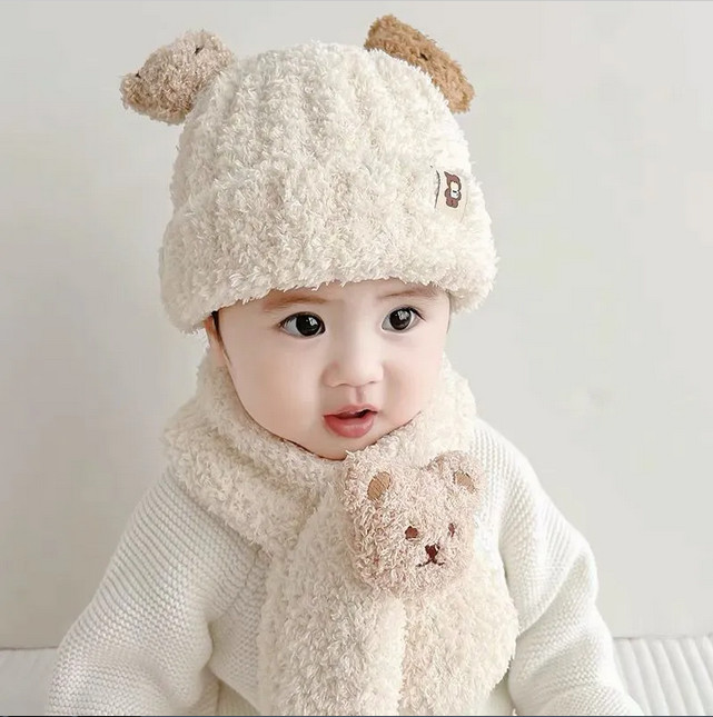 Set mũ len kèm khăn gắn gấu Ms23 , mũ len kèm khăn lông cừu cực đẹp cho bé từ 0-4 tuổi