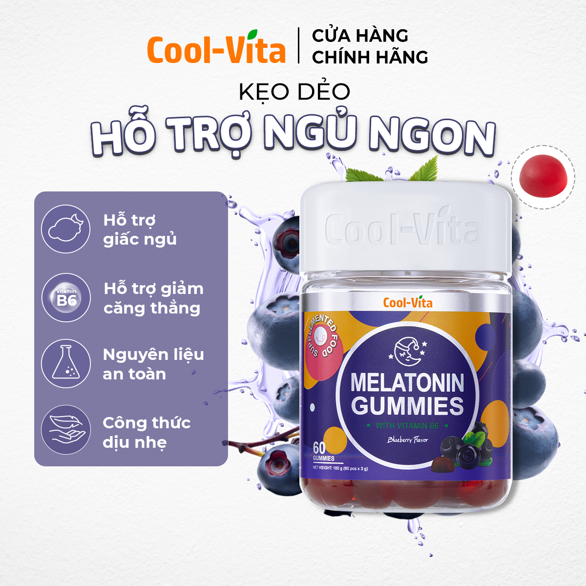 Kẹo Dẻo Melatonin Hỗ Trợ Giấc Ngủ Ngon Sleep Well Gummies & Hỗ Trợ Giảm Căng Thẳng Vị Việt Quất Kết Hợp Vitamin B6 Coolvita – (60 viên x 3g)/hộp