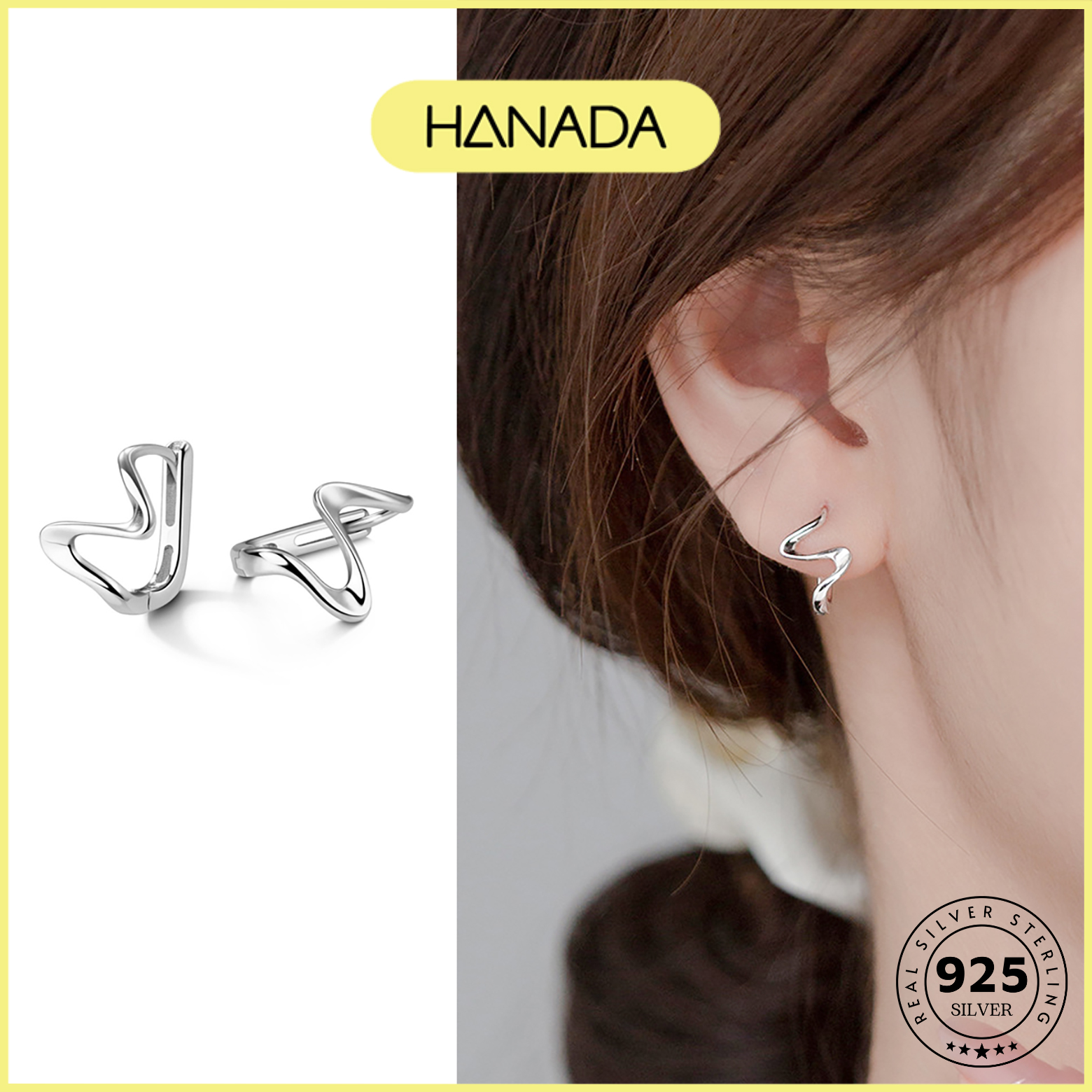 Khuyên tròn bạc 925 hanada ziczac cách điệu không đá trơn cá tính 1197