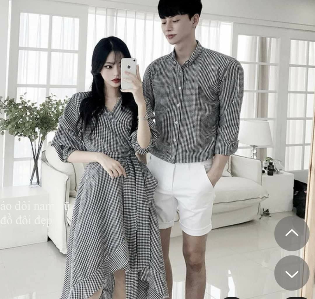 Set đồ đôi nam nữ áo sơ mi nam + đầm nữ phong cách hàn quốc