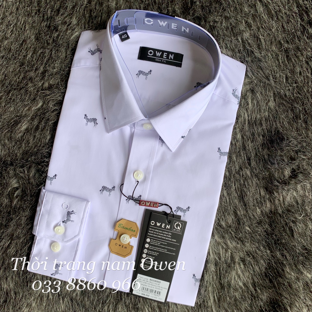 OWEN - Áo sơ mi ngắn tay Owen slimfit chất sợi tre màu trắng in hình 22650