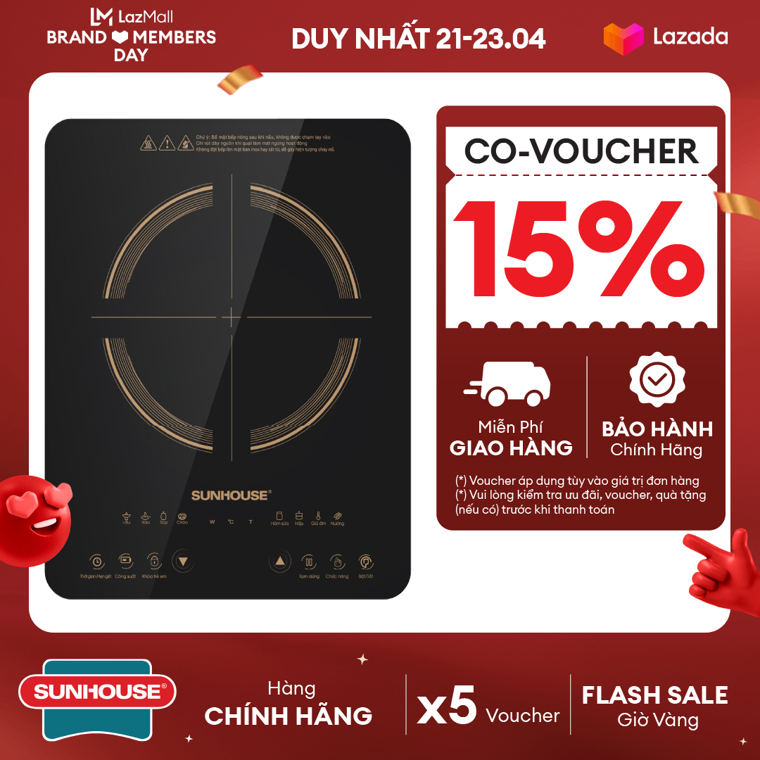 Bếp điện từ SUNHOUSE cảm ứng SHD6803 - Công suất 2000W - Kính cường lực siêu bền - 8 chế độ nấu đa dạng - Bảo hành chính hãng 12 tháng