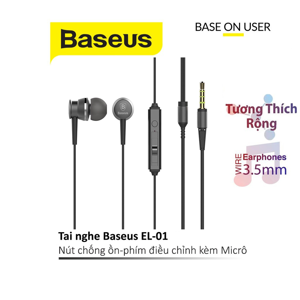 Tai nghe Hifi Baseus EL-01 jack 3.5mm dây siêu bền chống rối tích hợp Micro điều hướng dài 1.2M cho Smartphone