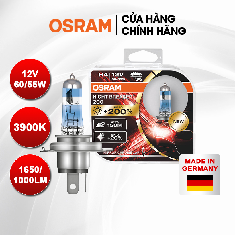 Combo 2 bóng đèn halogen tăng sáng 200% osram night breaker h4 64193nb200 12v 60/55w - nhập khẩu chính hãng