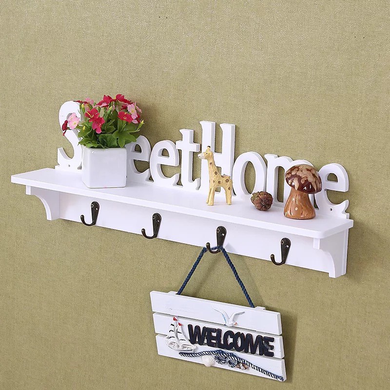 [HCM]Kệ treo tường kết hợp móc treo đồ hoa văn SweetHome LOVE HOME(Trắng)