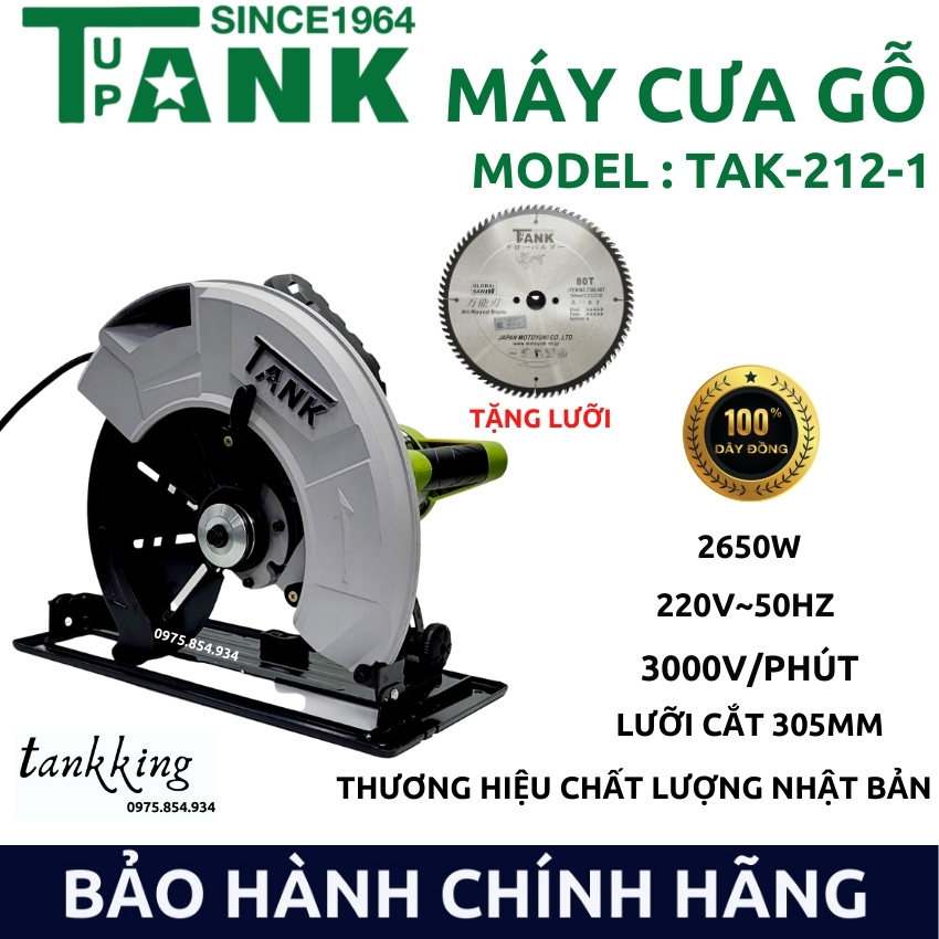 Máy cưa gỗ tank tak-212, máy cưa đĩa cầm tay 305mm, máy cưa đĩa cắt gỗ, công suất 2600w, tốc độ 3000v/phút - tankking
