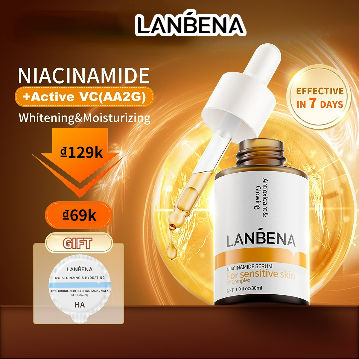 Serum dưỡng da LANBENA 40ml chứa vitamin C loại bỏ vết đốm làm sáng da mờ thâm - INTL
