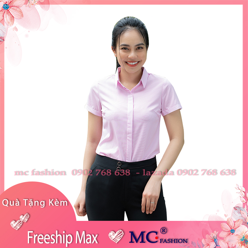 Áo Sơ Mi Nữ Công Sở Mc Fashion, Màu Hồng, Xanh Dương Nước Biển, Họa Tiết Kẻ Sọc A206, Tay Ngắn Cộc Đẹp