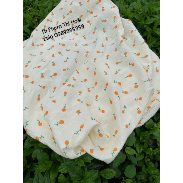 Vải xô muslin hình quả quýt cam nền be xô 2 lớp loại 1 mềm mịn