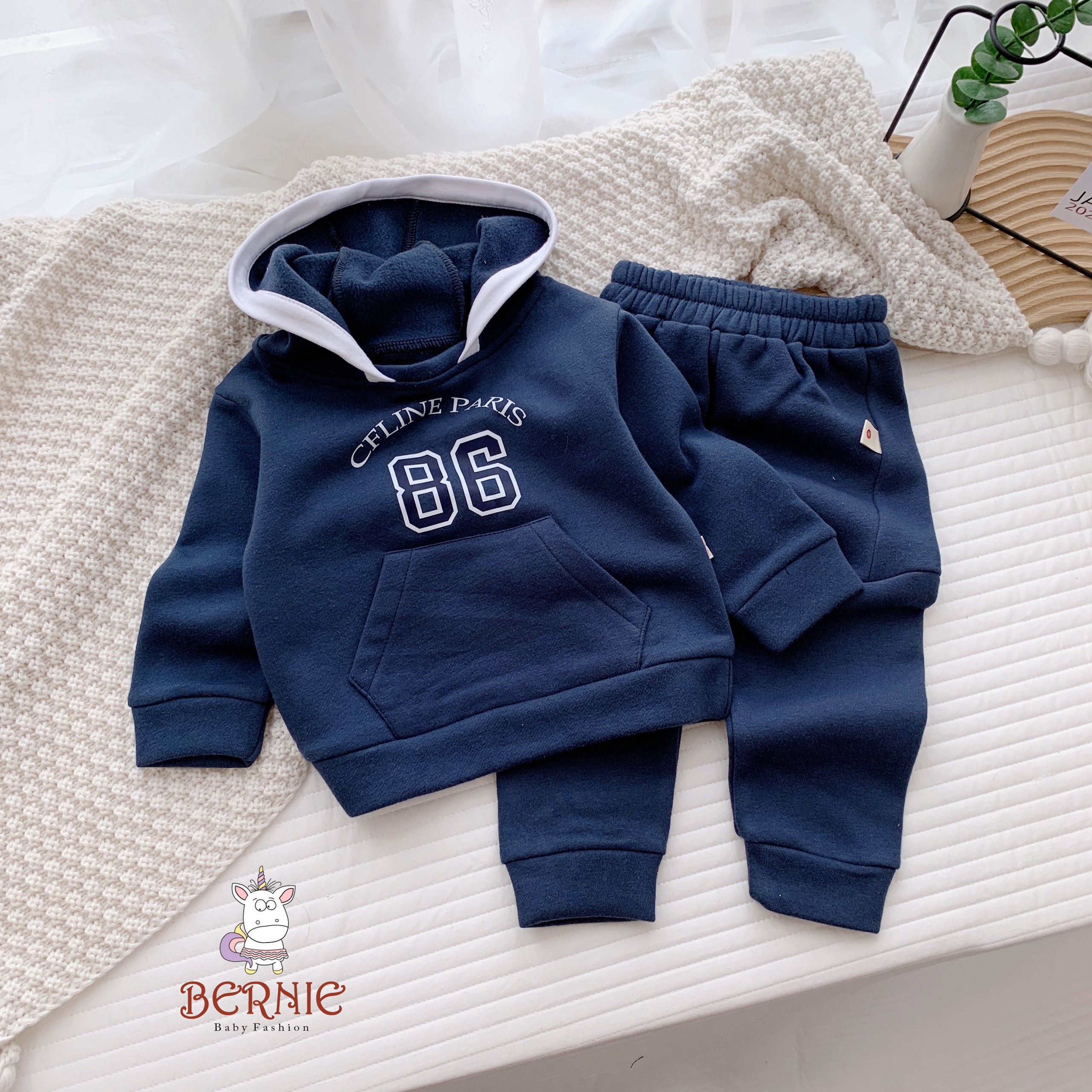 Bộ nỉ bông unisex dày ấm cho bé, set nỉ tay dài có lót bông giữ ấm