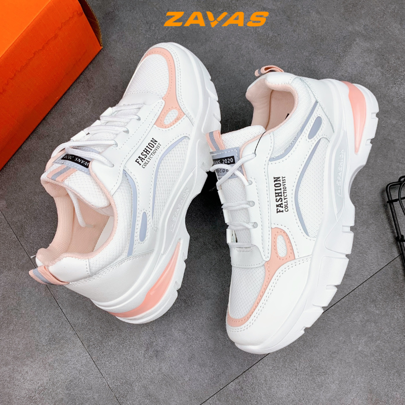 Giày thể thao sneaker nữ trắng hồng ZAVAS đế cao 4cm công nghệ air êm nhẹ thoáng khí cột dây S396
