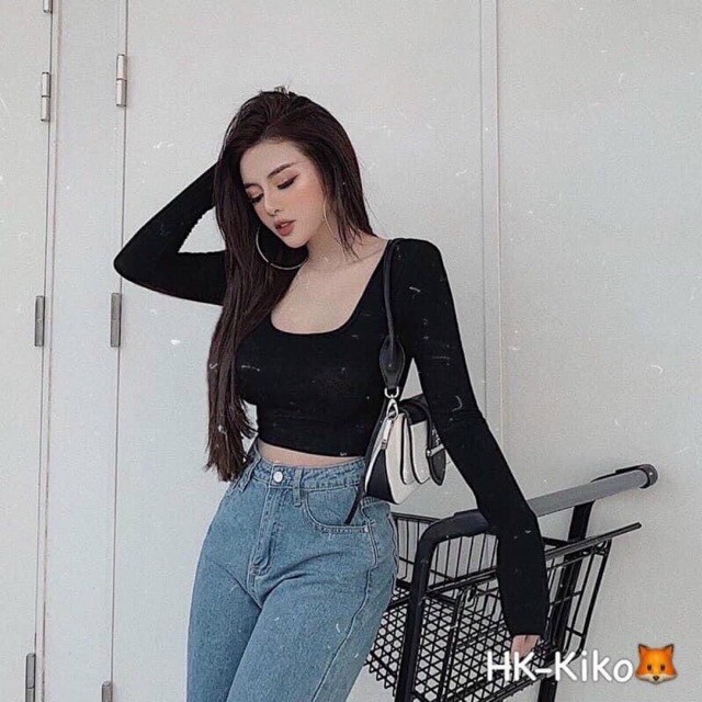 [ FREE SHIP ] Áo croptop tay dài cổ vuông vải thun ôm body crotop nữ cotton co giãn tốt