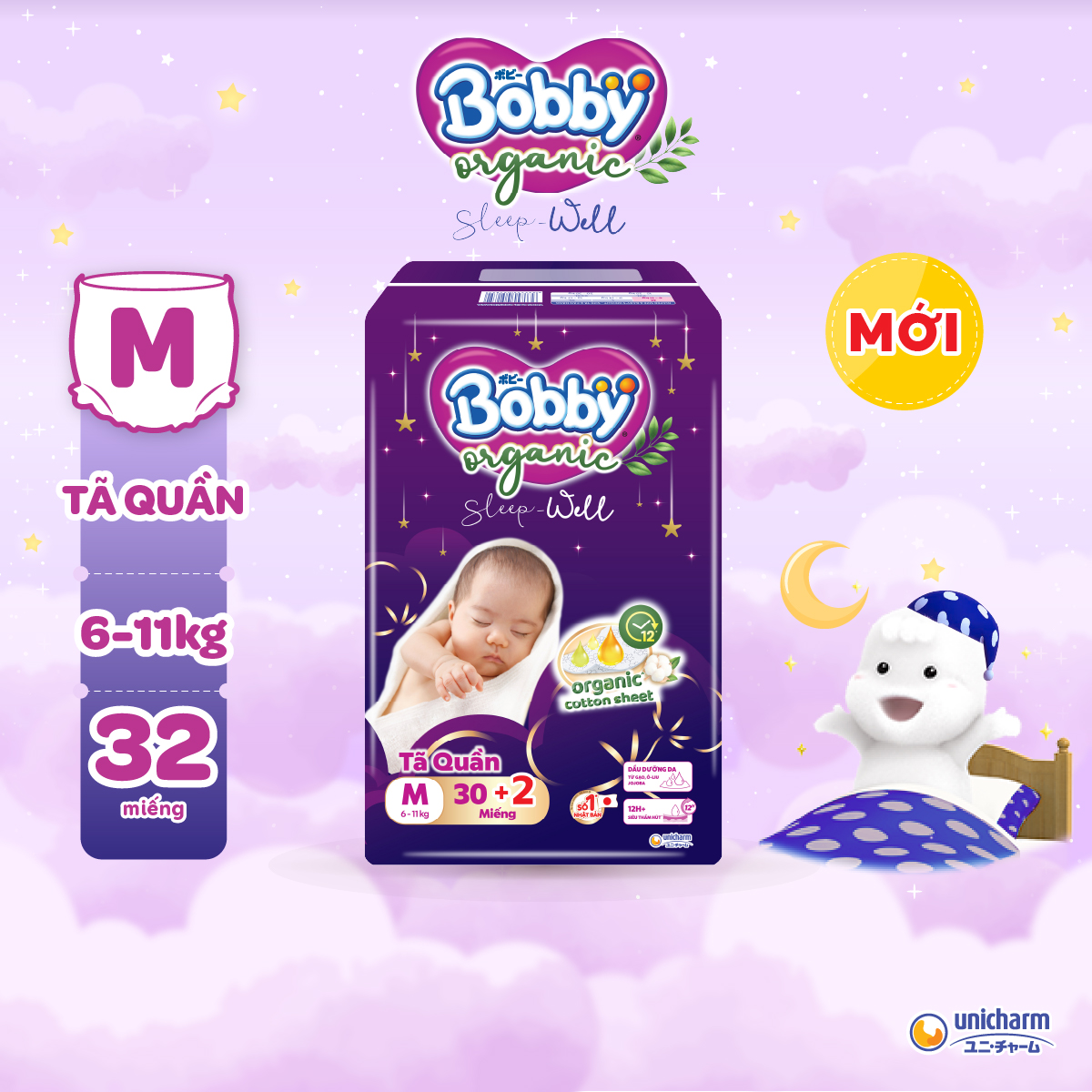 [MKB Gift] [MỚI RA MẮT] [Tặng kèm 2 miếng] Tã Quần Cao Cấp Ban Đêm Bobby Organic Sleep Well  - Size M30+2