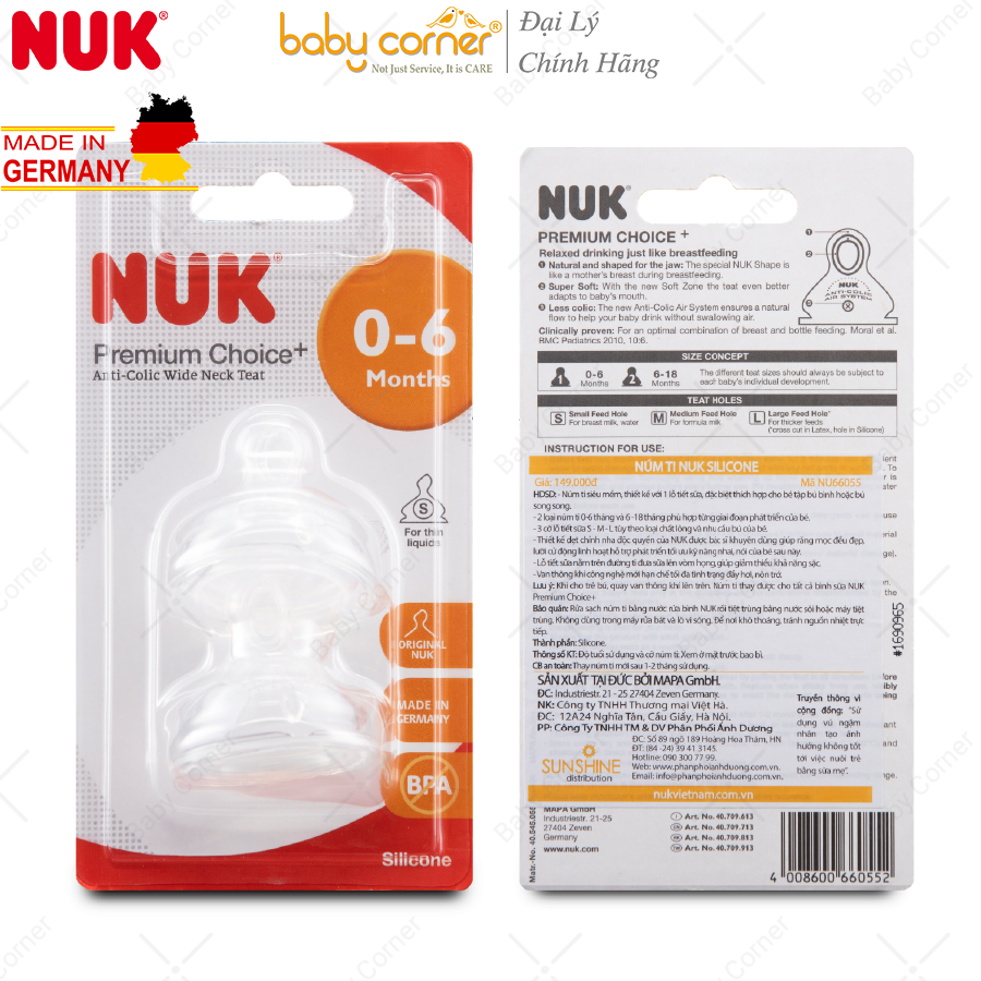 Bộ 2 Núm Ti NUK Premium Choice+Silicone 0 - 6 Tháng