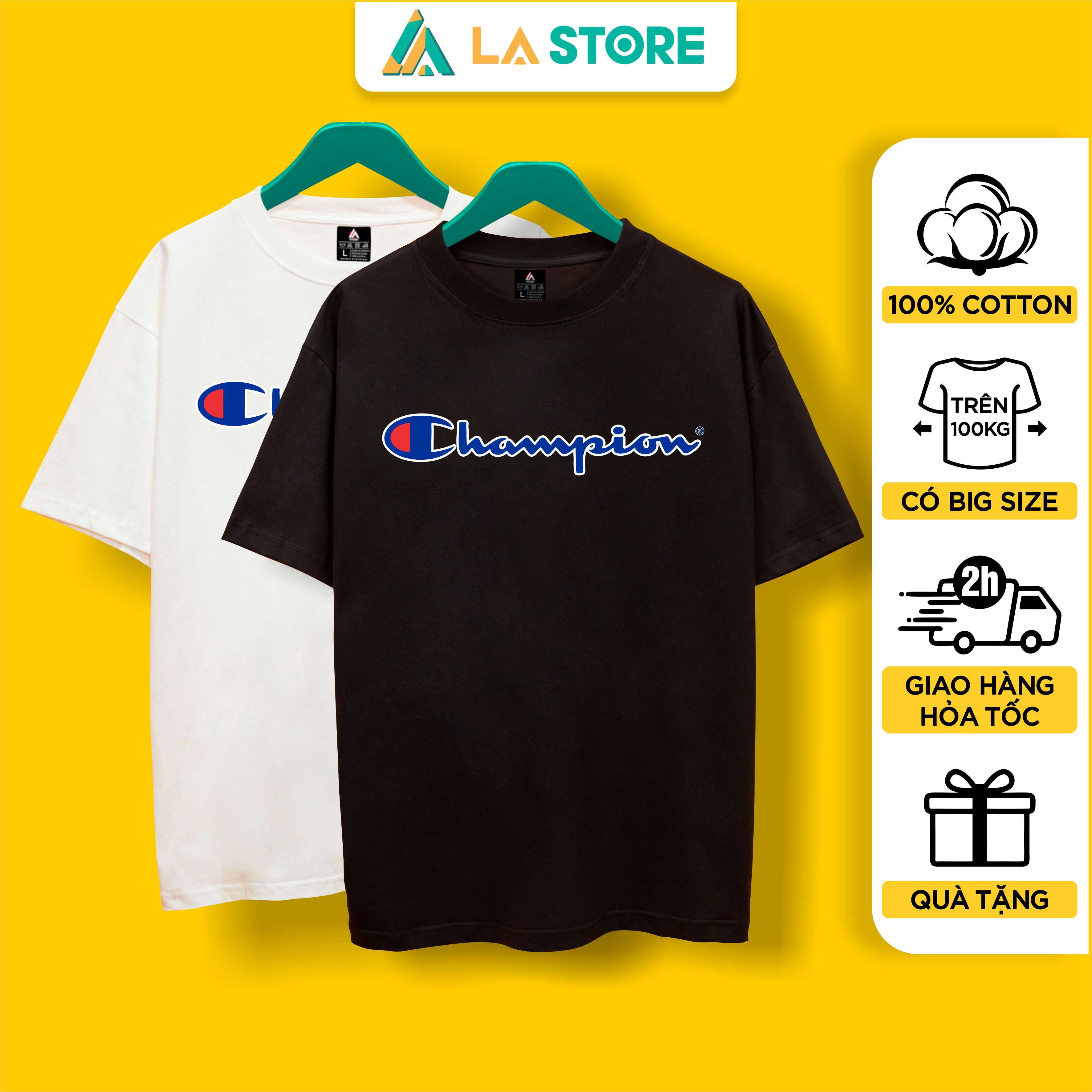 Áo Thun Unisex Cotton Champion Logo Lớn Form Rộng Tay Lỡ Nam Nữ Có Big Size | LẠ STORE