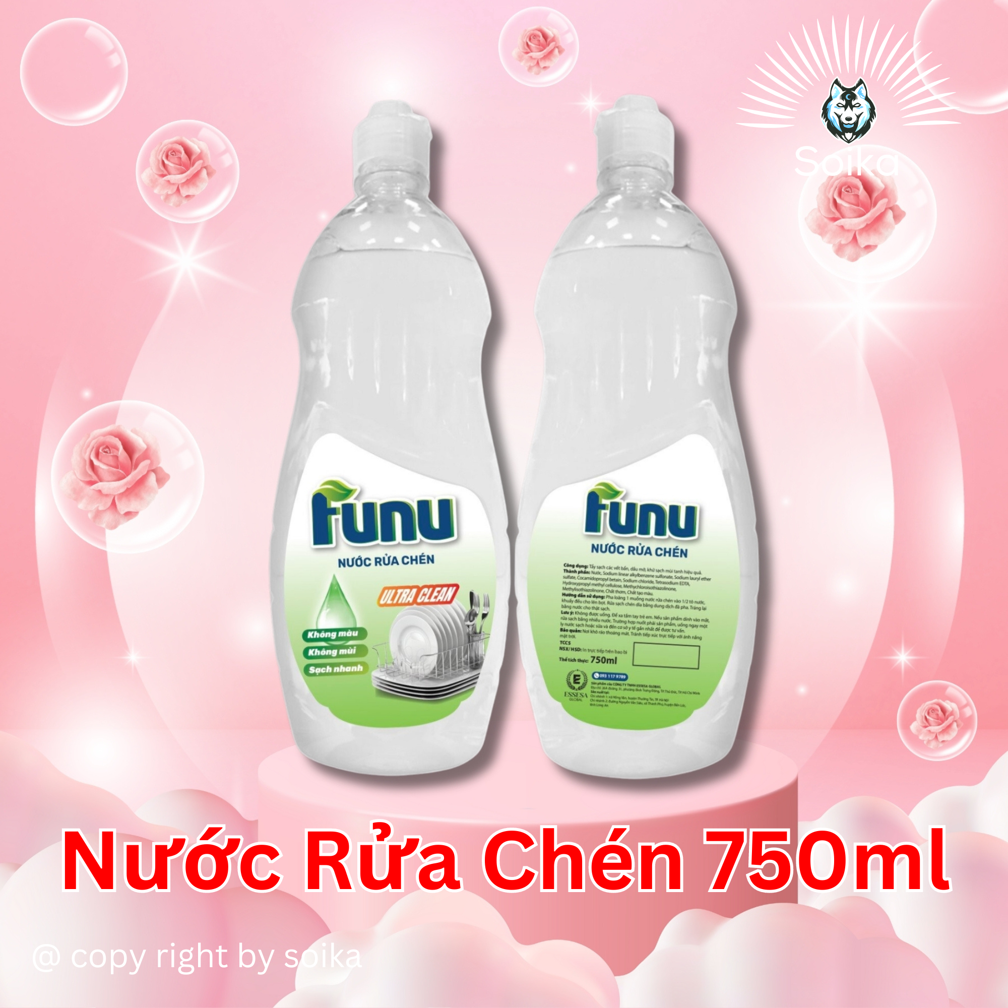 Nước Rửa Chén Funu 750ml Ultra Clean Không Màu Không Mùi Tẩy Sạch Nhanh Vết Bẩn Dầu Mỡ Khử Sạch Mùi Tanh An Toàn Da Tay Soika