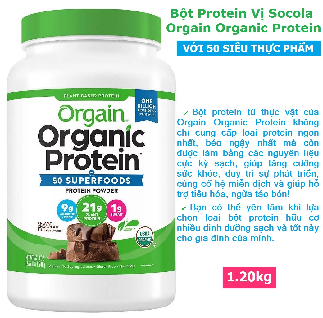 Bột Protein Vị Socola Orgain Organic Protein 50 SuperFoods 1.20kg