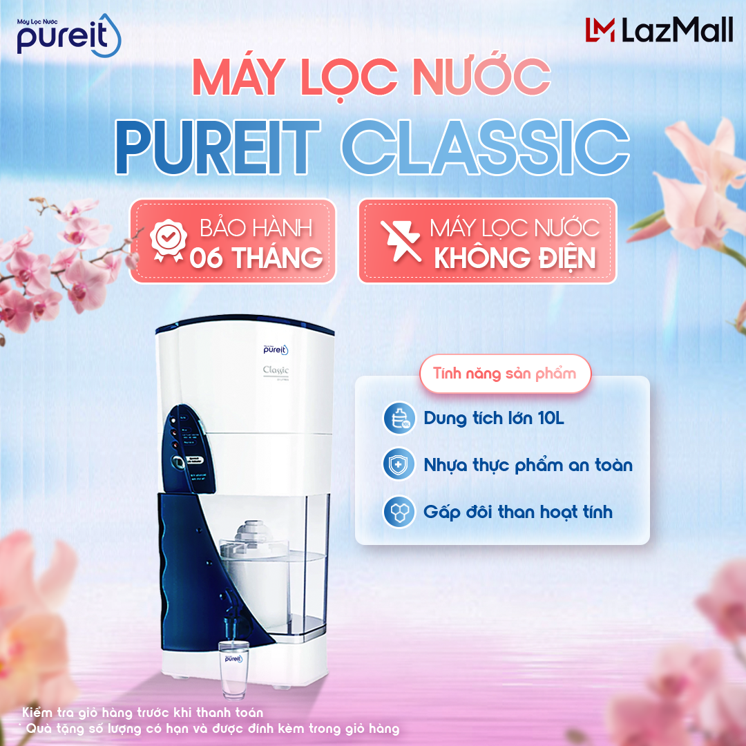 [BẢO HÀNH 6 THÁNG] Máy lọc nước uống gia đình không dùng điện Pureit Classic 4 bước lọc với công nghệ lọc Gravity lọc sạch vi khuẩn, Công suất lọc 1500L với Dung tích 23L