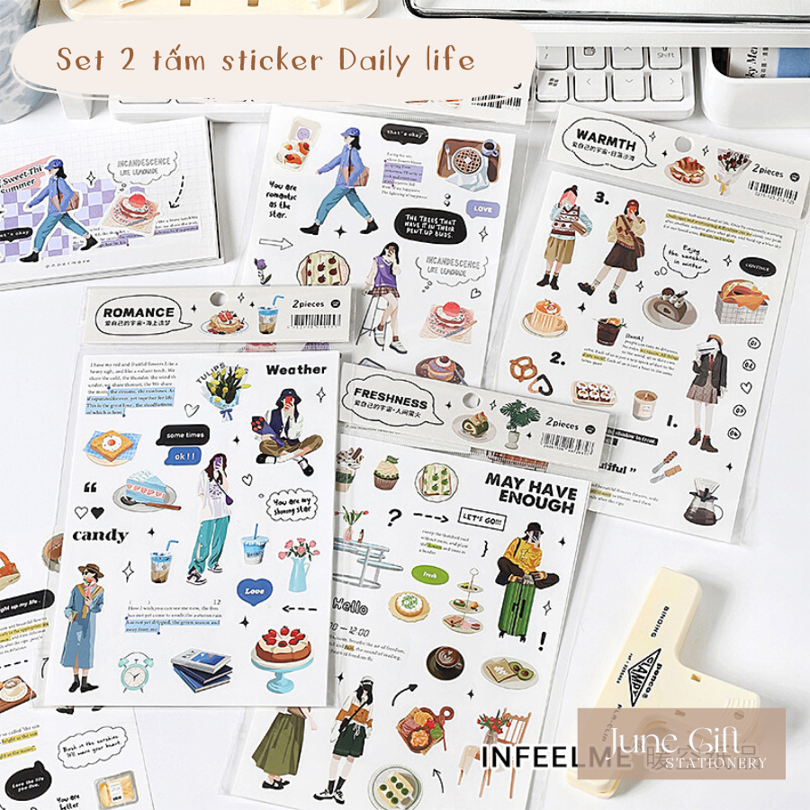 Set 2 tấm nhãn dán, sticker Daily life trang trí sổ, làm journal