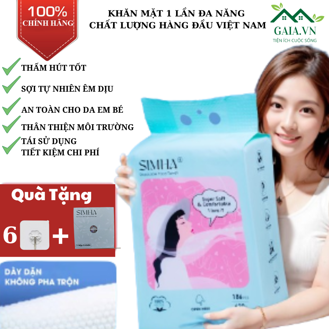 Combo 3 gói Khăn mặt khô dùng 1 lần SIMHA 100% xơ viscose từ thiên nhiên an toàn cho da, Gaia.vn khăn lau mặt khô, ướt dùng cho trẻ nhỏ Gaia.vn