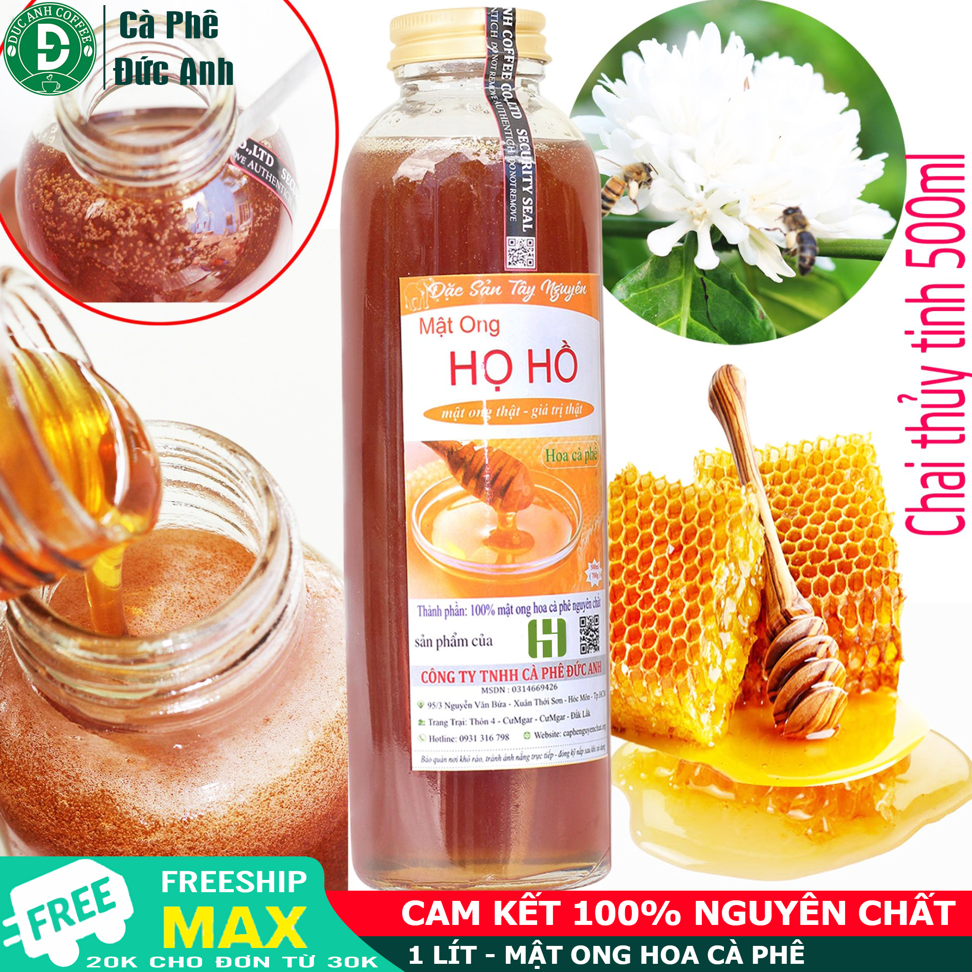 Chai thủy tinh 0.5 lít mật ong nguyên chất hoa cà phê tương đương 700G - Mật ong HỌ HỒ thuộc công ty TNHH cà phê ĐỨC ANH
