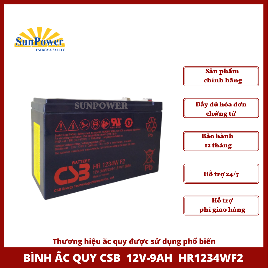Bình ắc quy  CSB 12V-9Ah HR1234WF2,Ắc quy khô dùng cho UPS,mới 100%, bảo hành 12 tháng