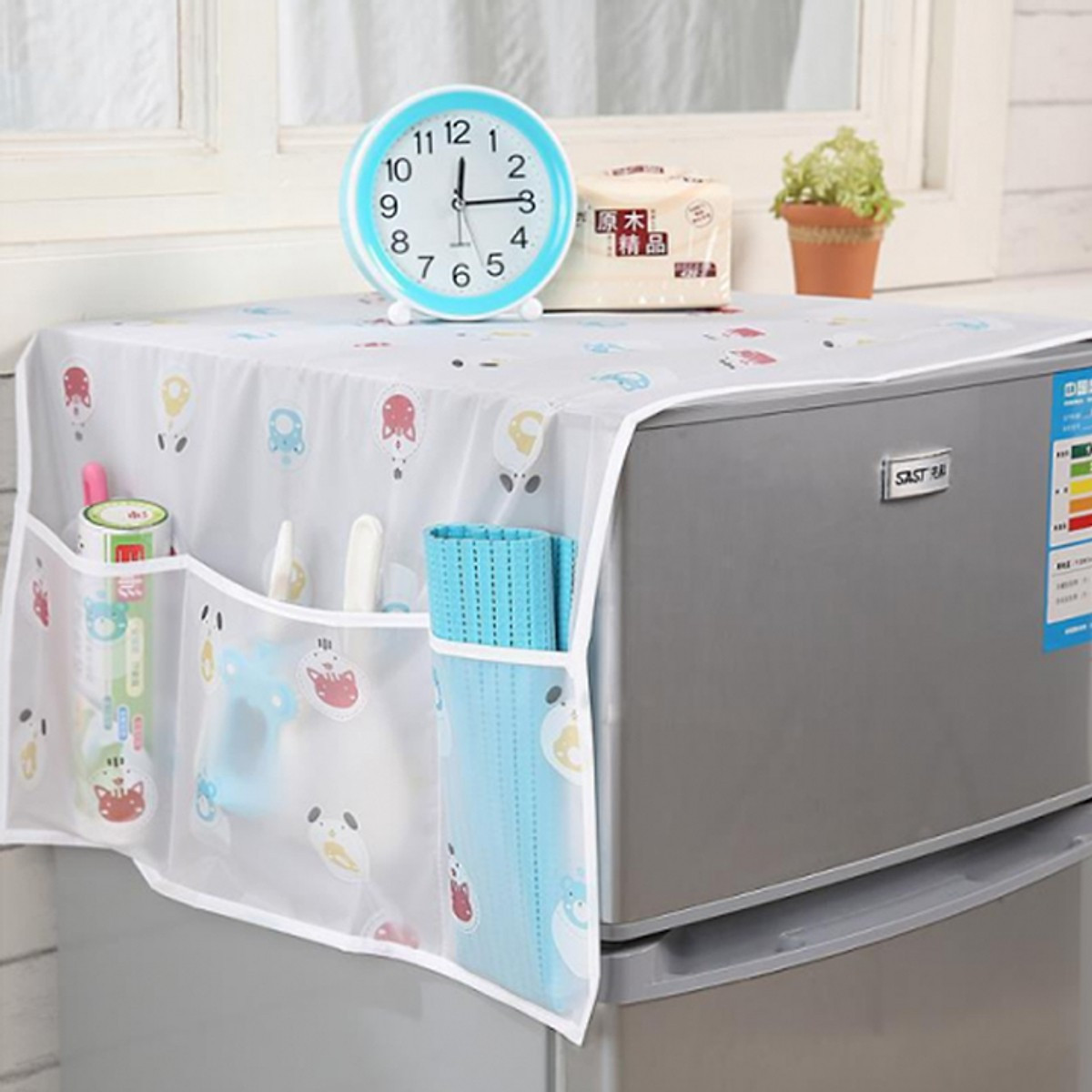 Tấm che tủ lạnh tiện ích, tấm che tủ lạnh đa năng có ngăn bỏ đồ - tấm phủ, miếng trải che, đậy nóc tủ lạnh có túi đựng, bảo vệ, làm sạch nóc tủ lạnh.