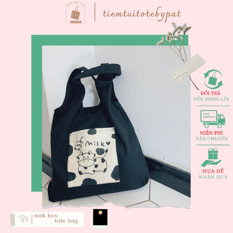 Túi tote đeo vai bò tung tăng bên hộp sữa có túi trước TP8 tiemtuitotebypat