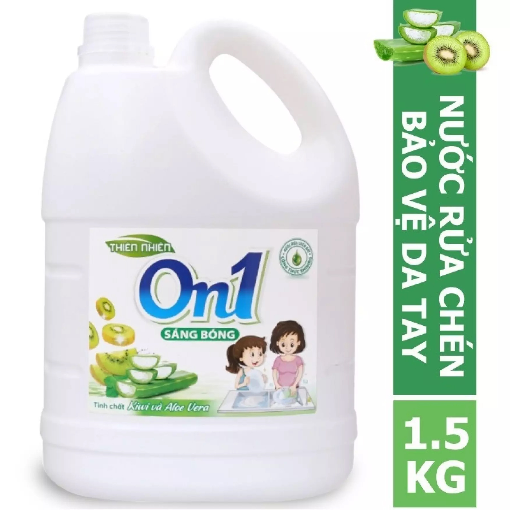 Nước rửa chén On1 hương kiwi và aloe vera, Chanh Sả 1.5Kg - sạch bóng vết dầu mỡ, không chứa chất tạo màu, parabens và hóa chất độc hại
