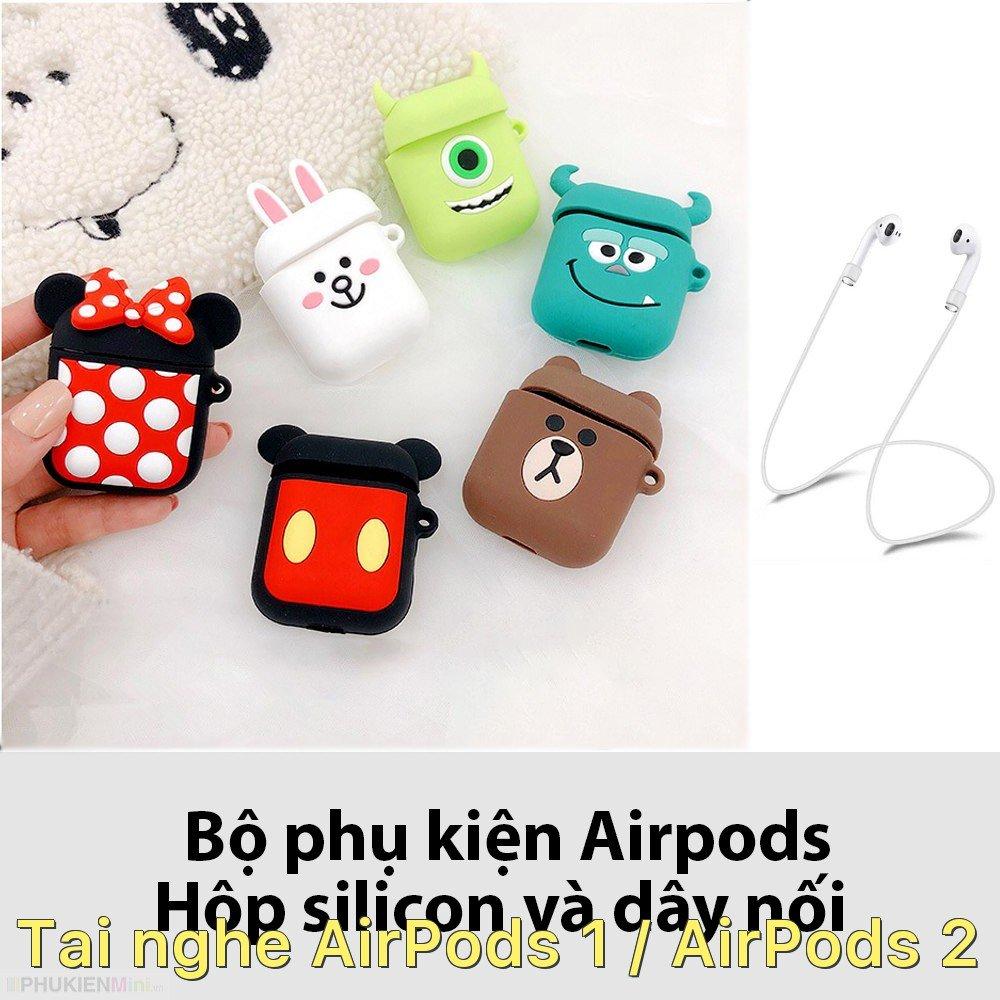 Bộ phụ kiện gồm 1 vỏ silicon bao bọc bảo vệ hộp sạc và 1 dây nối chống rớt cho tai nghe Apple Airpods hình thú cực độc dễ thương Tai nghe AirPods 1 / AirPods 2
