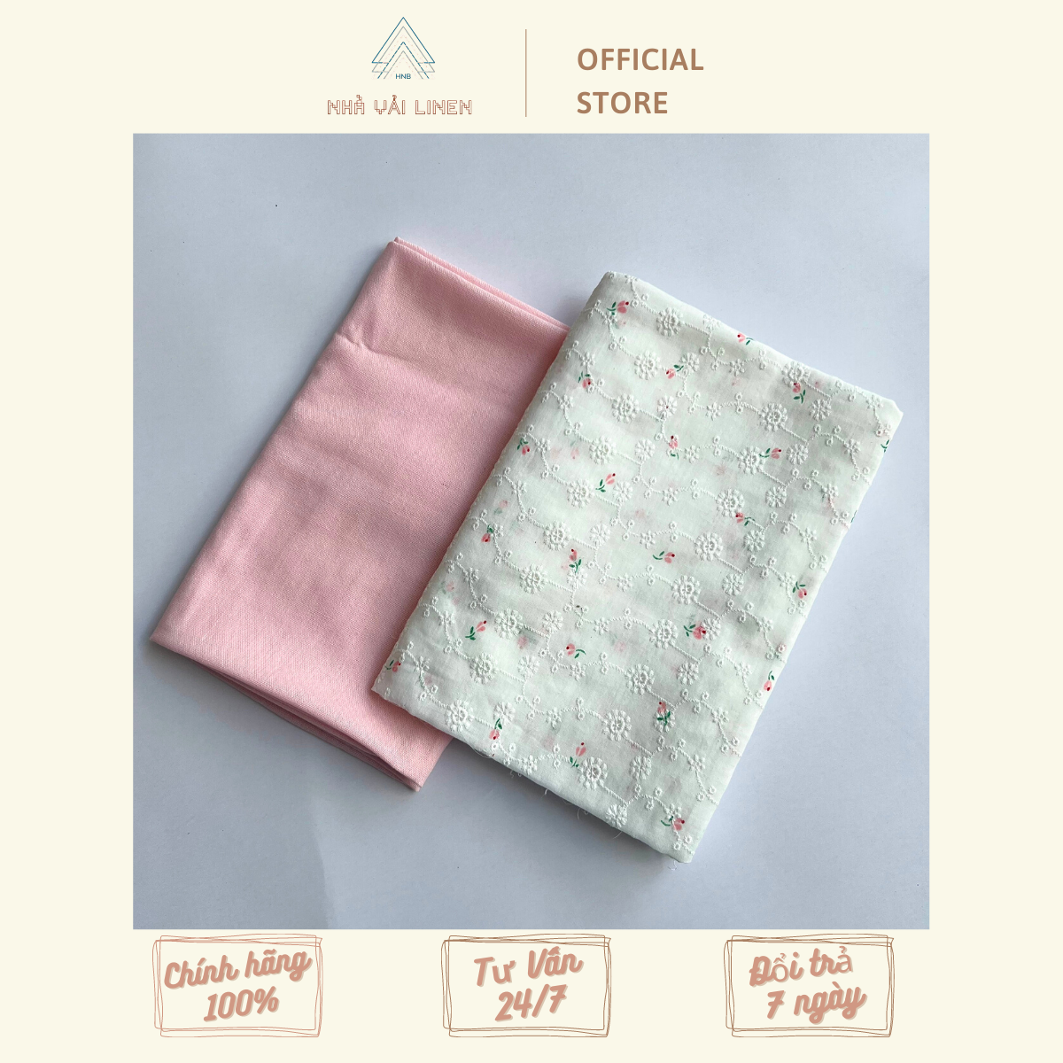 Vải họa tiết boi thêu hoa tulip - hồng nhạt bột Nhà Vải Linen