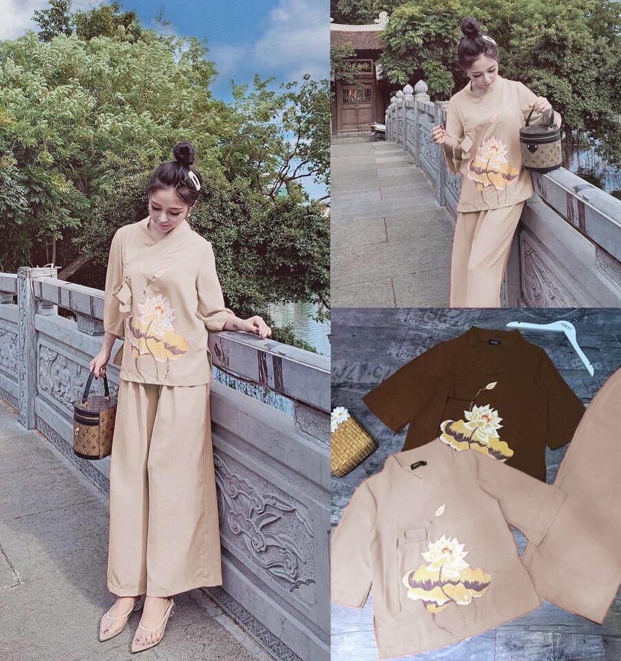 Set đồ lam đi chùa phối hoa thêu cao cấp d06