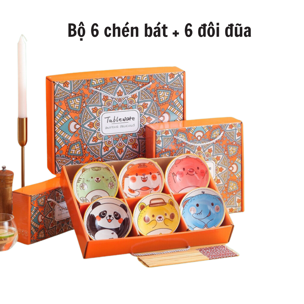 Set 6 bát sứ ăn cơm hình thú, Bộ chén bát sứ ăn cơm kèm 6 đôi đũa đóng hộp sang trọng