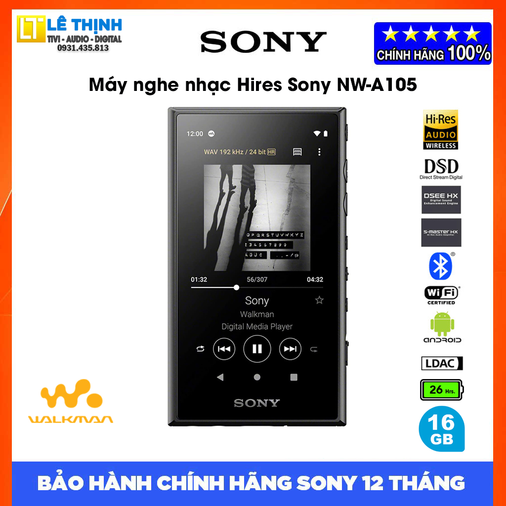Máy nghe nhạc MP4 Hires Sony NW-A105 (không kèm tai nghe) - Hàng chính hãng - Bảo hành chính hãng Sony 12 tháng toàn quốc