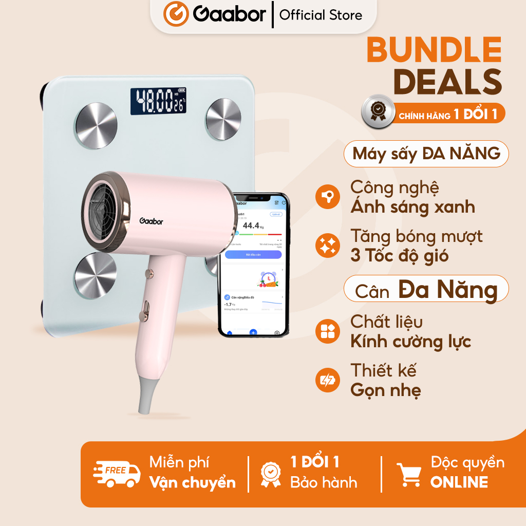 Combo 271 Cân sức khỏe điện tử có app phân tích cơ thể GWS-M02A và máy sấy tóc ánh sáng xanh 1000W N1000D - Hàng chính hãng