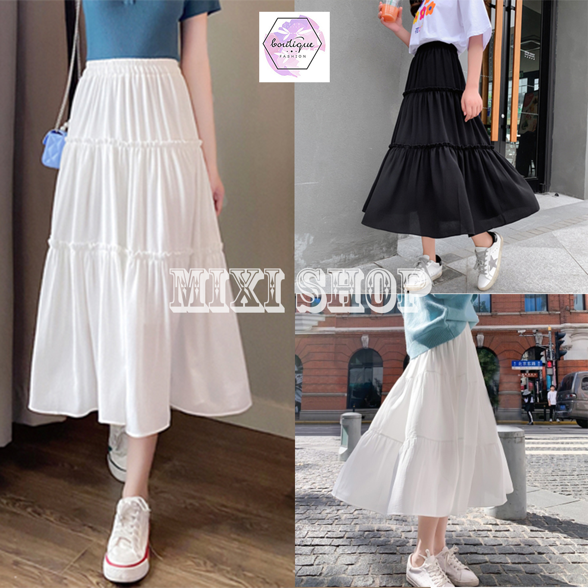 Chân Váy Nữ ⚡FREESHIP⚡ Váy Dài Qua Gối Vintage 2 lớp Siêu Xinh 2 màu 🦋 - V003