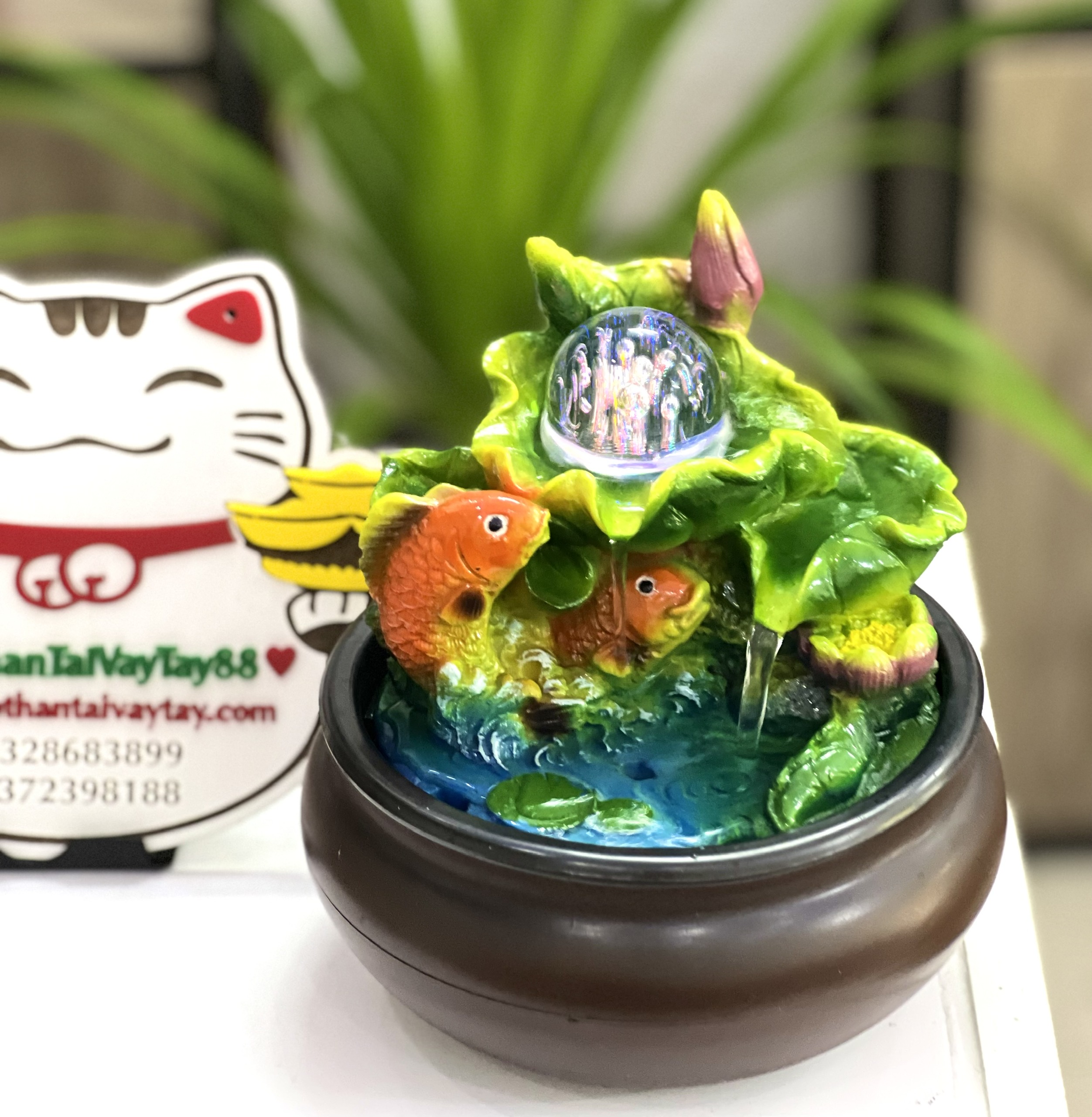 Thác nước phong thủy để bàn MINI kèm bơm và bi xoay, Thác nước thư giãn