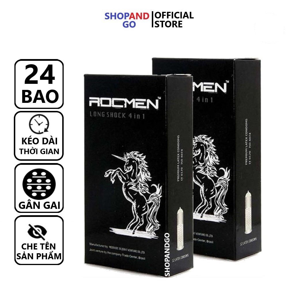 FREESHIP Bộ 2 hộp Bao cao su Brazil ROCMEN Longshock 4in1 gân gai kéo dài thời gian (24 chiếc)