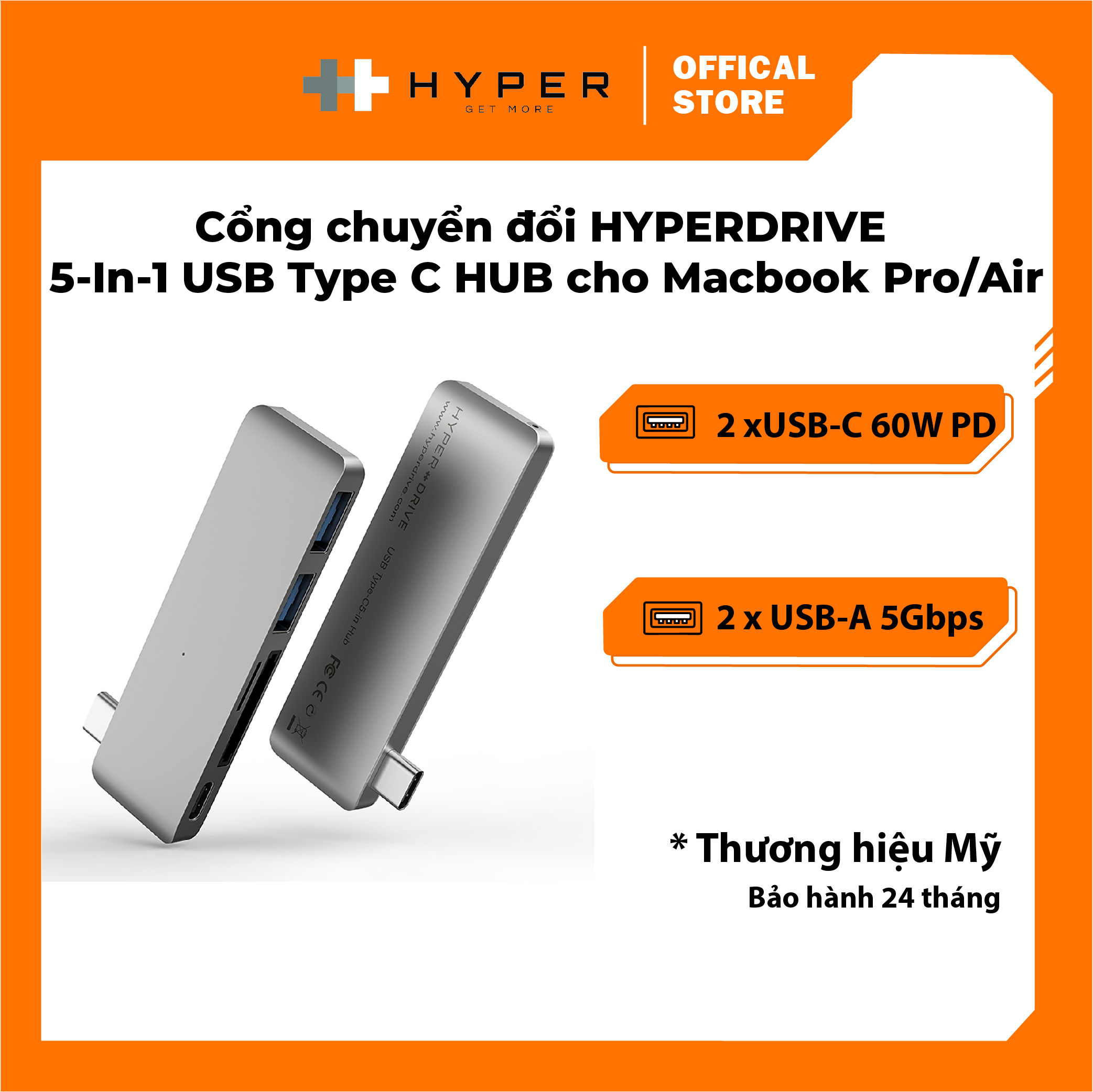 Cổng chuyển hyperdrive usb type-c 5-in-1 hub with pass through charging for 2016 macbook pro & 12″ macbook, surface