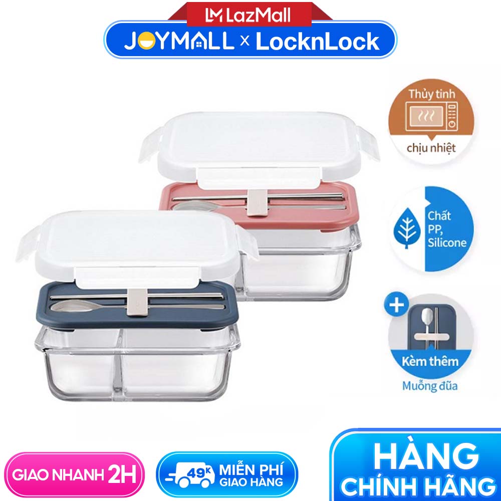Hộp cơm thủy tinh LocknLock chia ngăn kèm muỗng đũa LLG991CL 930ml - Hàng chính hãng, dùng được lò vi sóng, nắp chống tràn - JoyMall