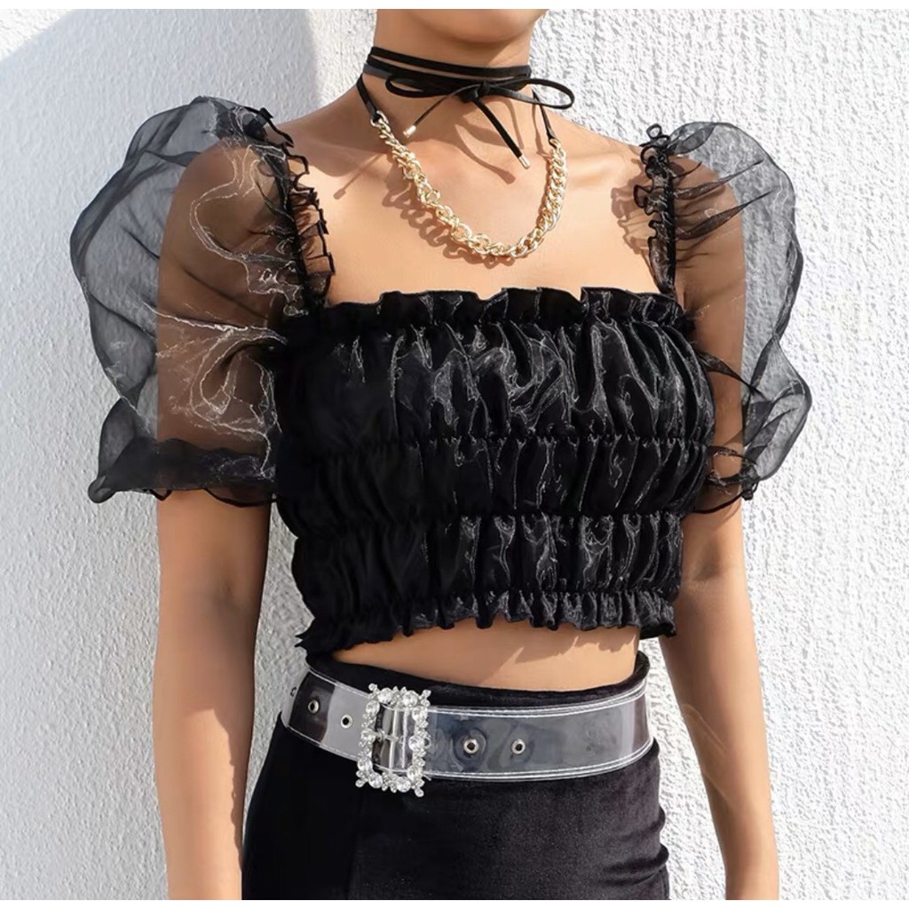 [HCM]Áo croptop kiểu chất ngầu 🖤 tay voan lưới bồng bềnh mây trôi ⛅ trắng đen trơn ngắn nữ cổ vuông ôm swag girl CRON 113 -4B