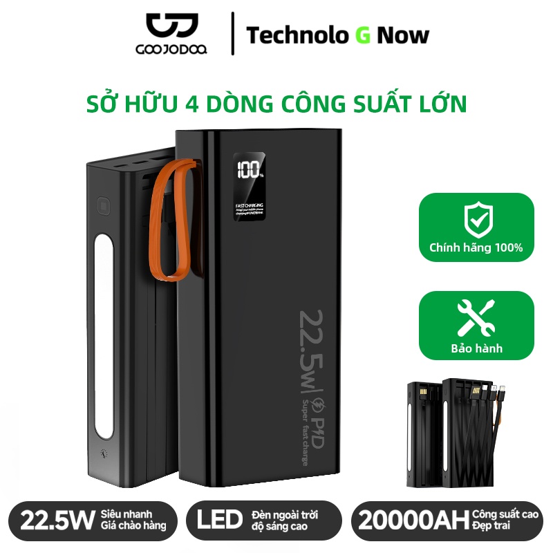 sạc dự phòng GOOJODOQ 20000mAh PD 22.5W sạc nhanh, đi kèm 4 dây ,Đèn pin độ sáng cao Sạc Pin Phụ Kiệ