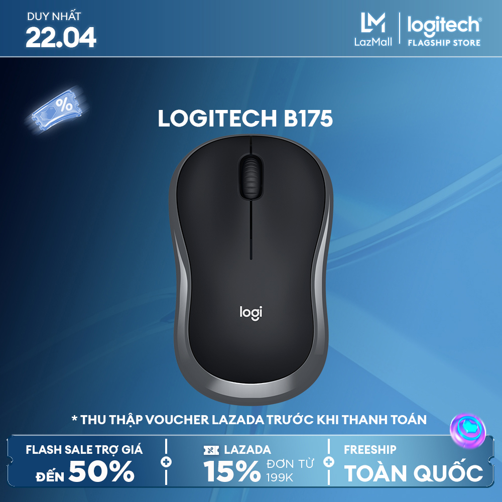 Chuột không dây Logitech B175 - đầu thu USB 2.4Ghz, pin 1 năm, nhỏ gọn, thiết kế thuận cả 2 tay, phù hợp PC/ Laptop