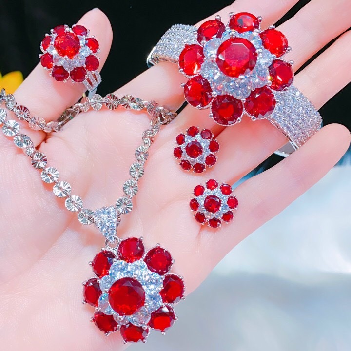 Bộ Trang Sức Nữ 5 Món Bạch Kim Đá Đỏ - HB420544 - Trang Sức Nữ - Giống vàng thật 99% Không đen không dị ứng - Bền màu, cam kết đổi trả nếu không vừa