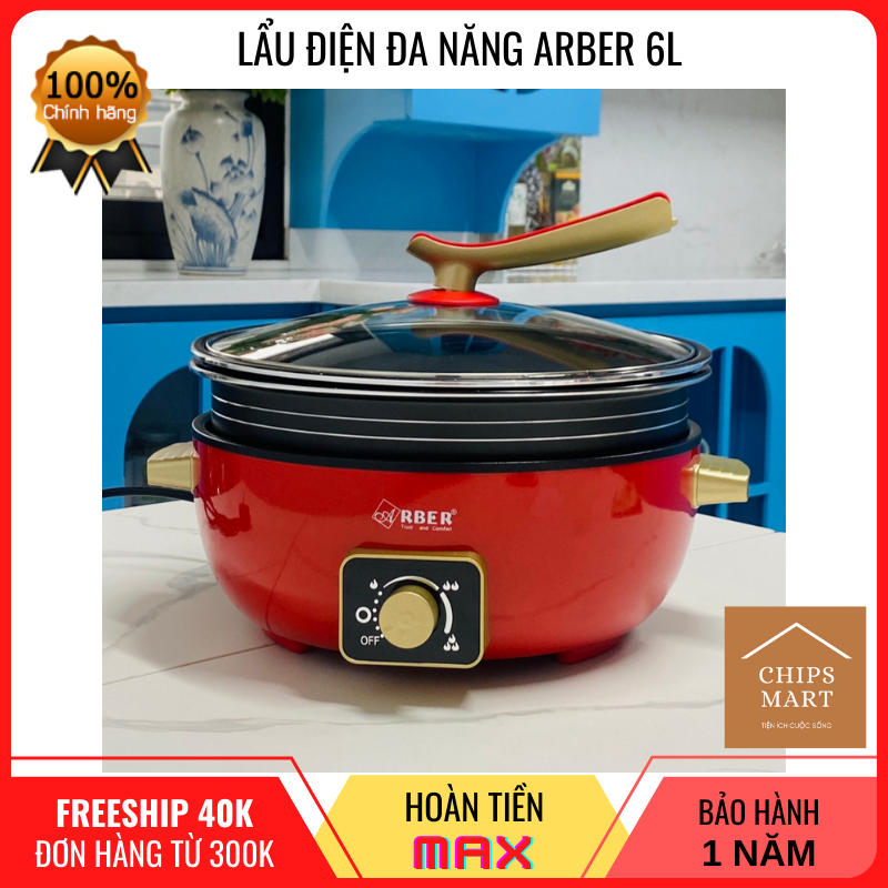 [Thương hiệu Ý] Nồi lẩu điện đa năng ARBER 6L – 1500W – Electric Hot Pot – Thiết kế sang trọng, bền đẹp theo thời gian  - Lòng nồi phủ chống dính cao cấp an toàn – Vung kính cường lực – Bảo hành chính hãng 1 năm