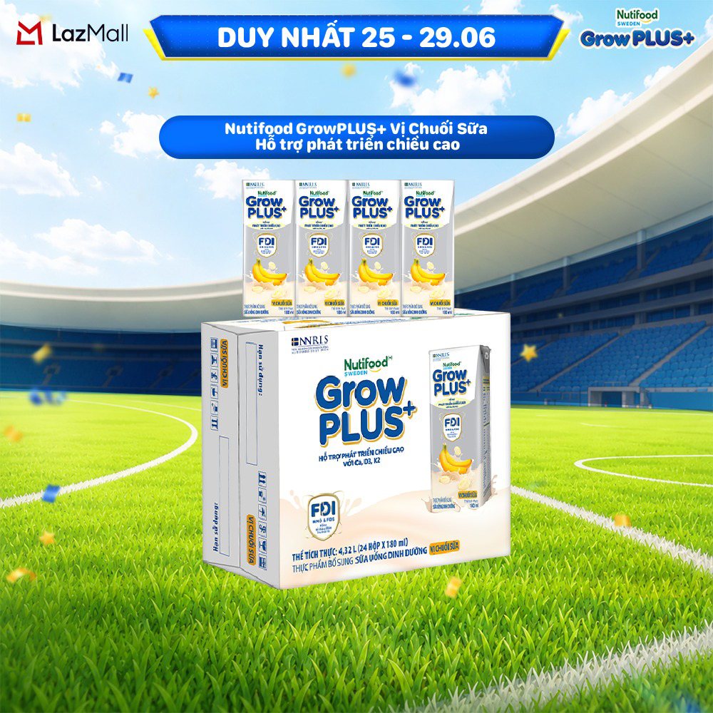 Thùng 24 hộp Sữa bột pha sẵn Nutifood Sweden GrowPLUS+ Vị Chuối Sữa hộp 180ml - Hỗ trợ phát triển chiều cao (24 hộp x 180ml)
