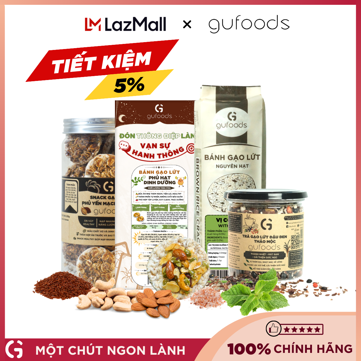 Combo Trải nghiệm Top bán chạy GUfoods: Bánh gạo lứt (170g) + Bánh gạo lứt phủ granola (170g) + Trà gạo lứt thảo mộc (200g) + Snack phủ yến mạch socola (200g) - Best-selling, Combo tiết kiệm, Healthy, Thuần chay