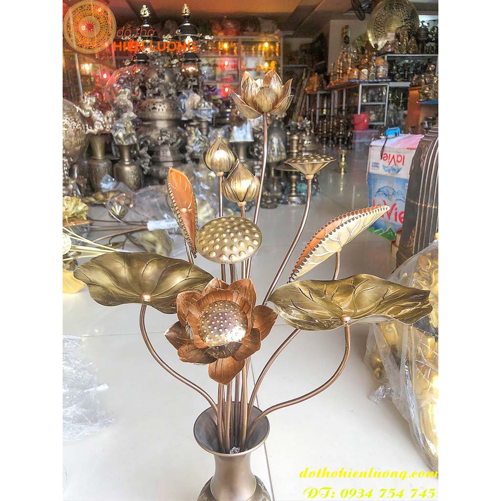 Bó Hoa Sen Bằng Đồng Màu Nâu Giả Cổ Dáng Thuôn 10 Bông Để Bàn Thờ Phật, Bàn Thờ Gia Tiên