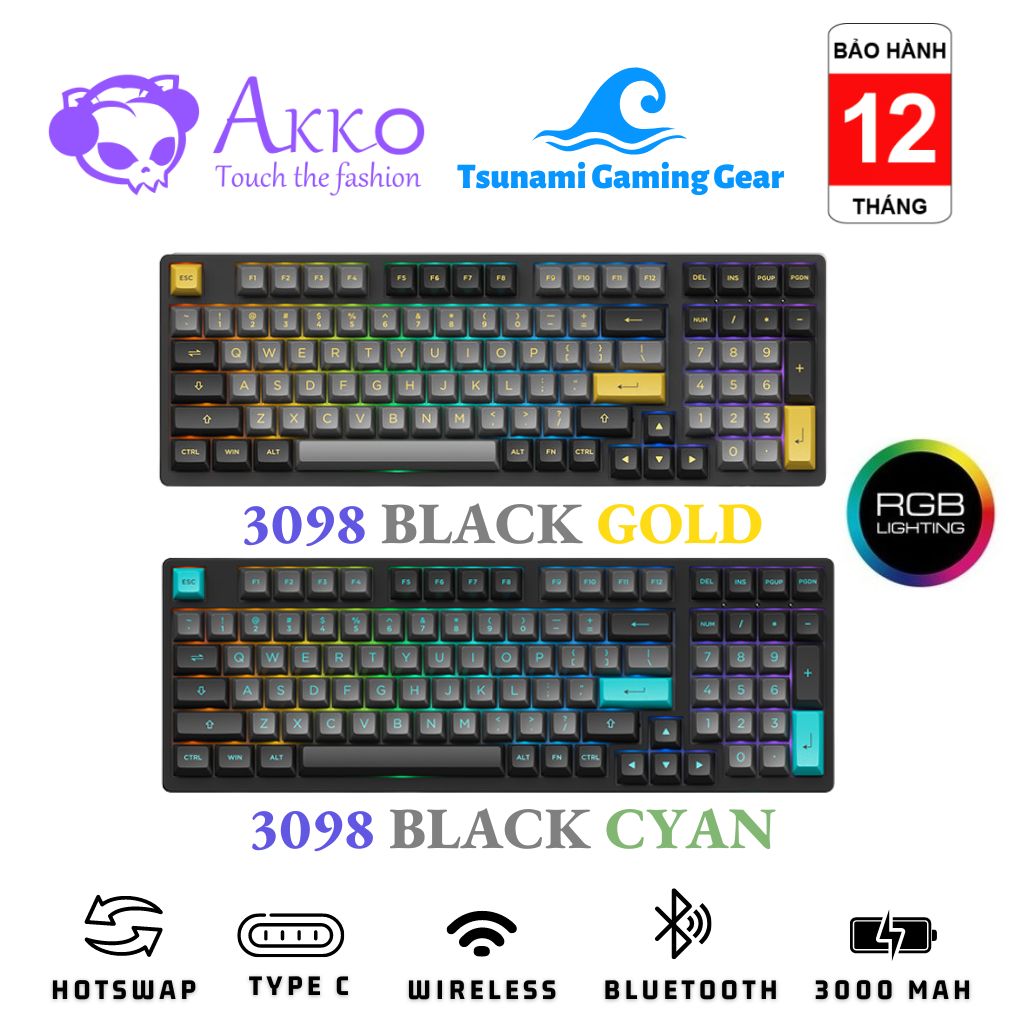 Phím cơ không dây akko 3098n multi-modes black gold | 3098b multi-modes black gold | 3098b multi-modes black cyan i rgb | bt 5.0 | wireless 2.4ghz | hotswap