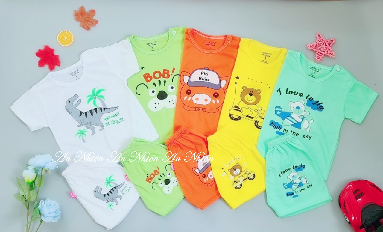 Set 5 bộ quần đùi áo cộc tay họa tiết khủng long, con vật ngộ nghĩnh cho bé 3-15kg